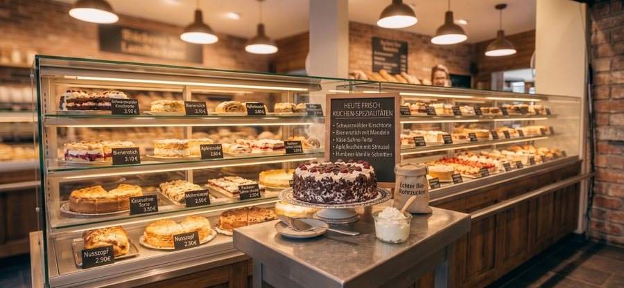 Hausgemachte Kuchen-Spezialitäten in der Vitrine