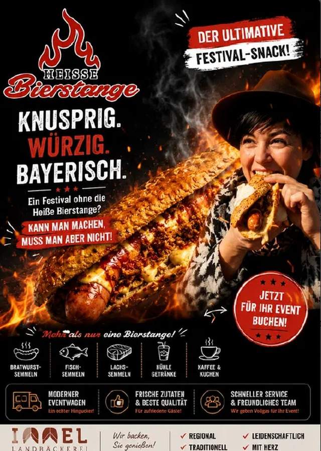 Heisse Bierstange Werbeposter: knuspriges Stangerl, würzig, bayerisch