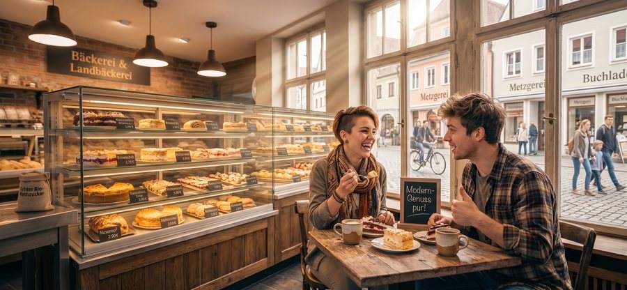 Zwei Gäste genießen begeistert Kuchen und Kaffee in einem Immel-Café